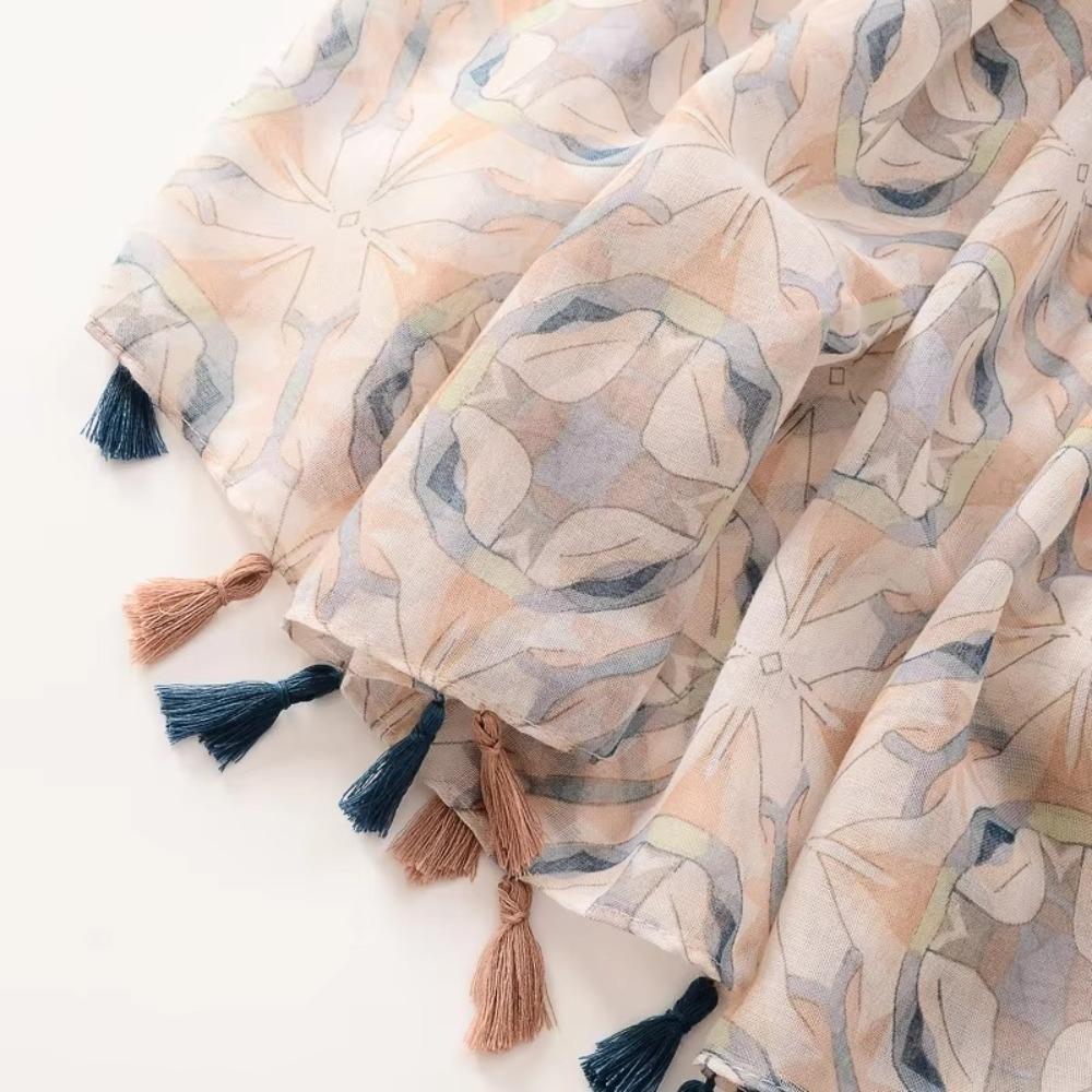 Retro Fringed Scarf Flower Print Yarn Shawl Fashion Travel Beach Towel  Women's Accessory
