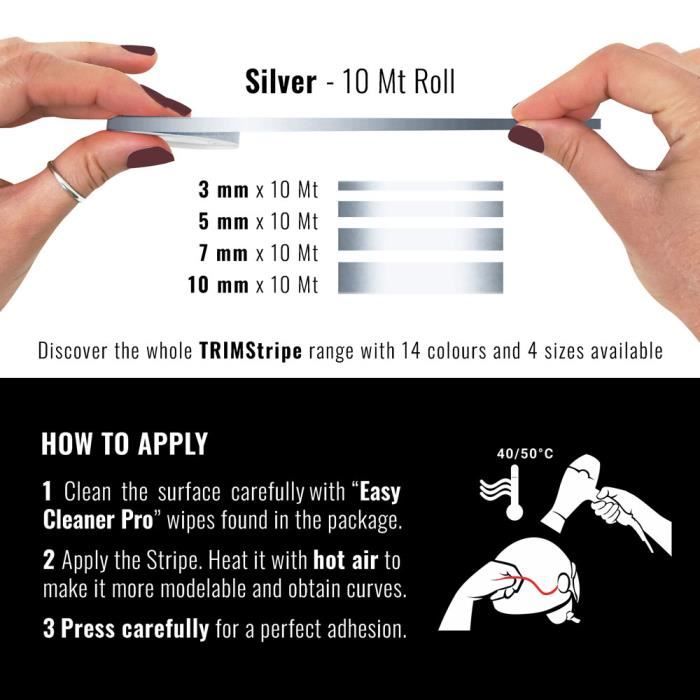 Bandes adhésives - trim stripes - argent - 5 mm x 10 mt - thermoformable - résistant aux intempéries