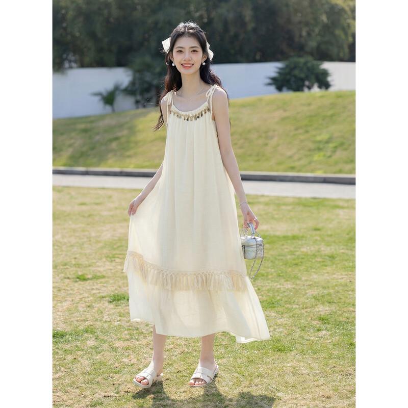 Boho Tassel Tie-Waist Midi Strap Dress