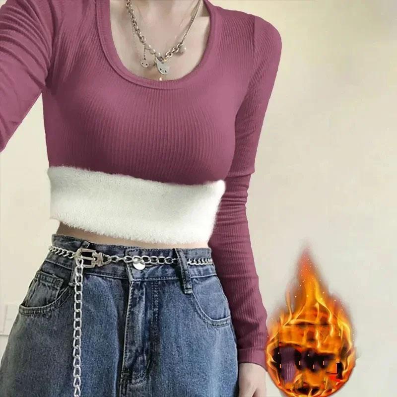 

Черный трикотаж с U-образным вырезом, плюшевый теплый женский тонкий топ, однотонная футболка с длинными рукавами, новая модная нижняя рубашка, осенне-зимний джемпер XL 55-60kg фиолетовый