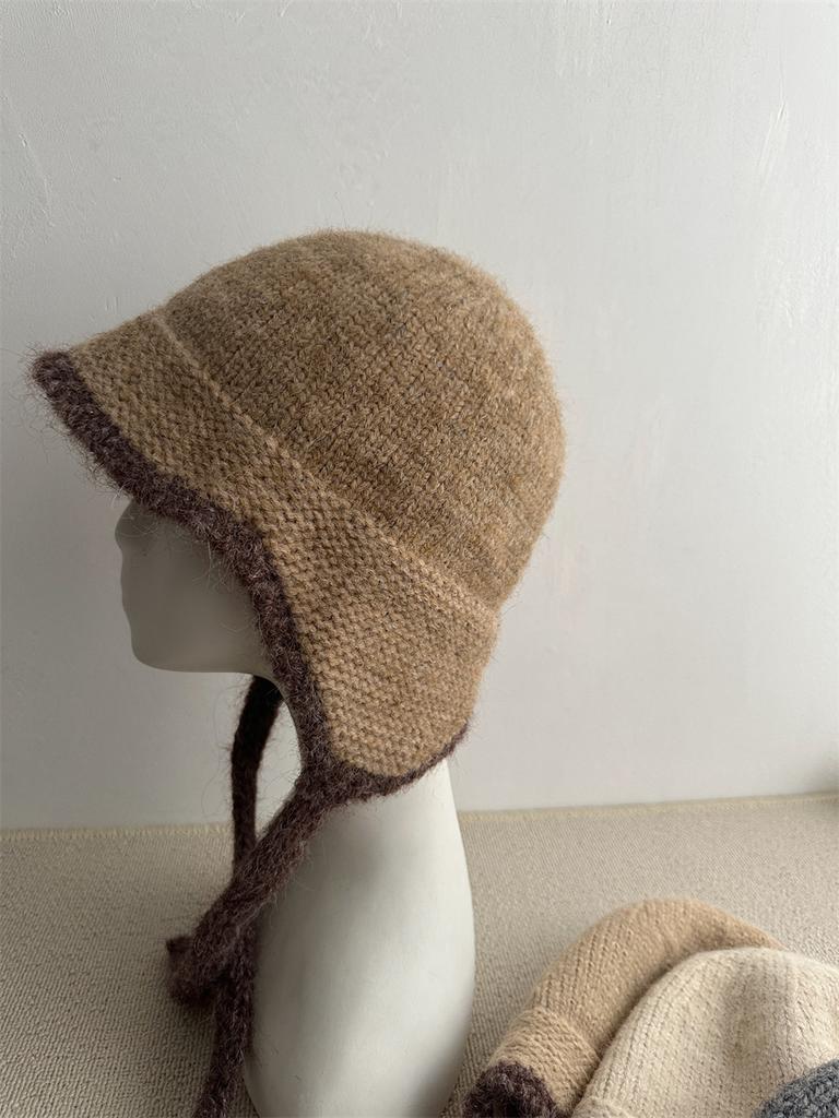 Autumn and winter ear protection knitted hat women's small fresh straps wool hat thermal pullover hat fashionable plush head hat