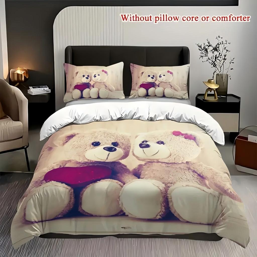 Cute Plush Bear Pattern 3D Printed Duvet Cover Luxury Retro Couple Style Soft Bedding Set Valentine's Day Gifts Quilt Cover