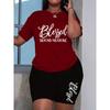 Plus size women's two-piece casual short-sleeved shorts set, BLESSED BEYOND MEASURE letter print