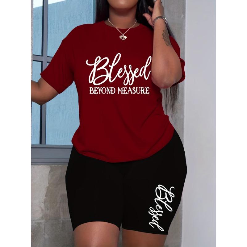 Plus size women's two-piece casual short-sleeved shorts set, BLESSED BEYOND MEASURE letter print