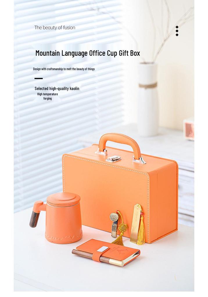 Orange Leather Gift Box: Ceramic Mug Set with Lid & Tea Infuser, Customizable Business Gift.