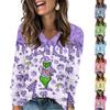 Women's Fashionable Loose-Fit V-Neck Long-Sleeved T-Shirt Christmas Print Pullover