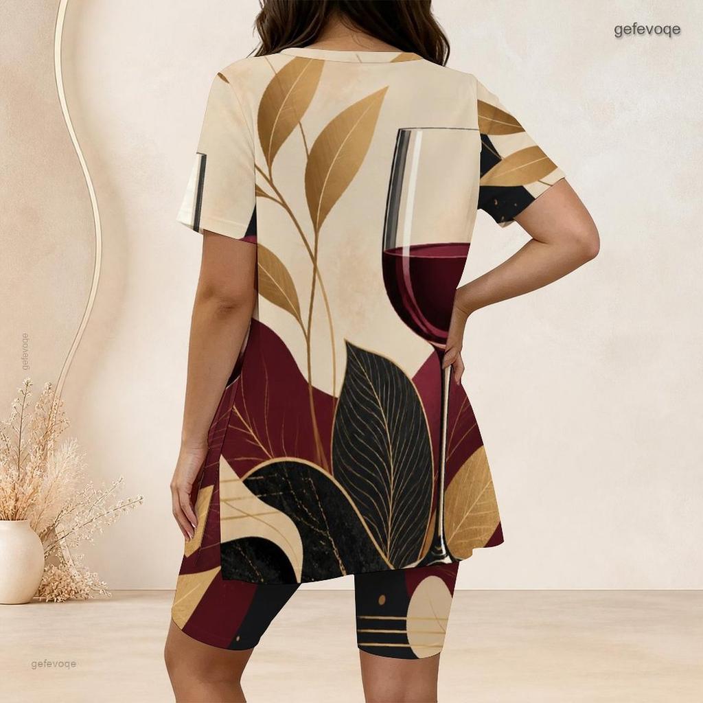 Women Plus Size Two Piece Set Wine Cup Leaf Geometric Print Round Neck Short Sleeve Split Top Knee Length Pants