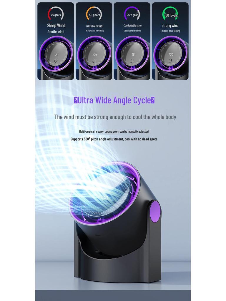 2025 Tragbarer USB Bladeless Desktop-Ventilator: 100-Gang Digitalanzeige, Hochgeschwindigkeitsturbine für den Sommer