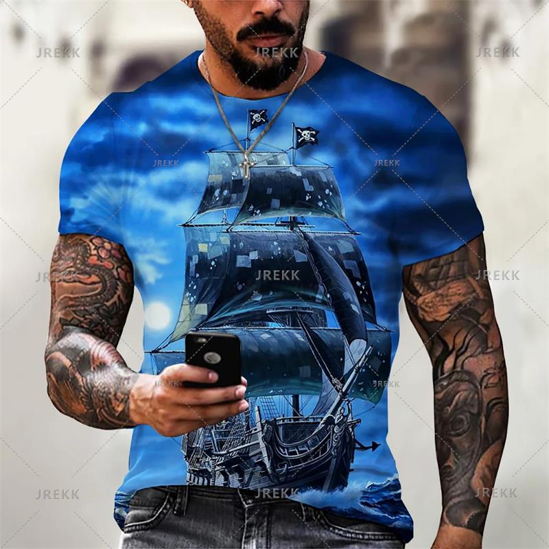 Vintage Men's Graphic T Shirts 3D Printing Pirate Ship Crew Neck Short Sleeve T-shirt For Men Oversized Clothing Homme Camiseta