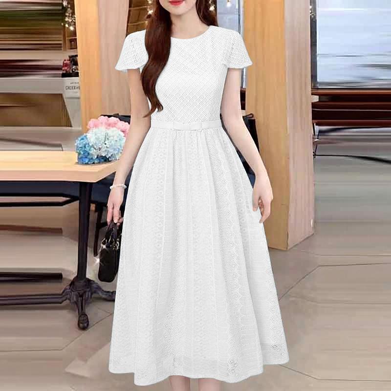 ZANZEA Women Elegant Lace Patchwork Casual Round Neck Short Sleeve Dress M белый