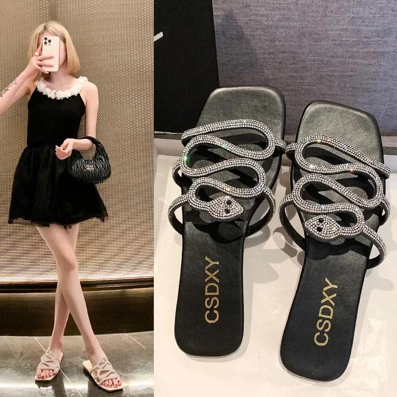 Fashion Luxury Design Womens Rhinestone Flat Slippers Outdoor Fashion Ladies Slippers Casual Party Beach Comfortable Shoes