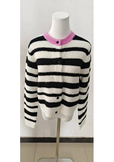 2025 Autumn/Winter Shen Mengchen Style Black Striped Knit Cardigan Sweater