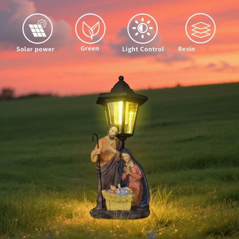 Solar Light Nativity Manger Scene Resins Sculpture Holy Family Ornament For Outdoor Garden Christian Home Decoration
