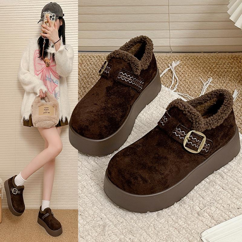 Women's Lightweight Thick Sole Winter Insulated Fur One Snow Boots Anti-slip Cushioning Wear-resistant Casual Sports Cotton Boots Hairy Leather Shoes