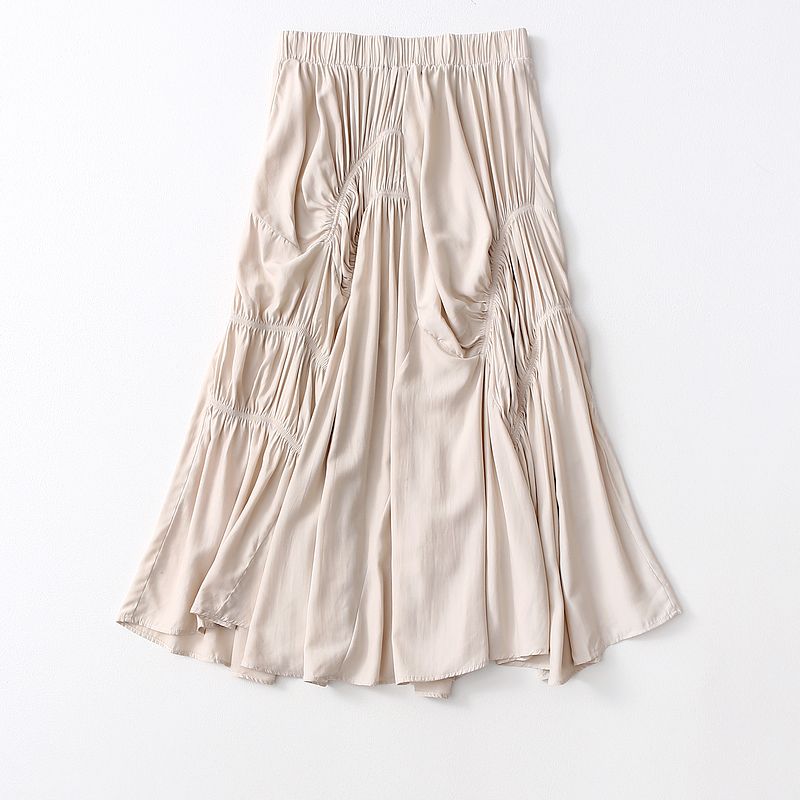 Export Daily Order Asymmetrical Skirt Women's Mid Length Long Length Stylish Niche Style High Waist Slim Looking Ruched A- Line Skirt Umbrella Skirt