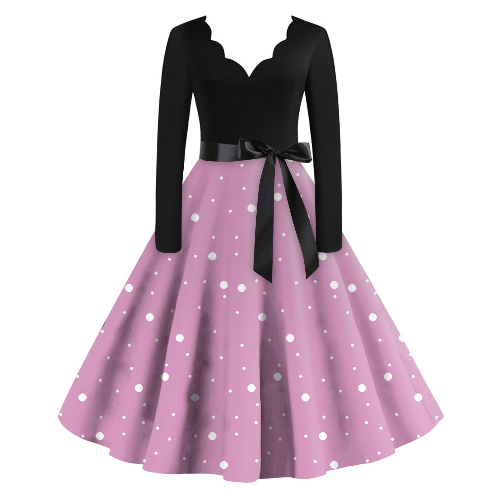 Женское повседневное модное платье с V-образным вырезом и длинными рукавами в стиле ретро — фото 13