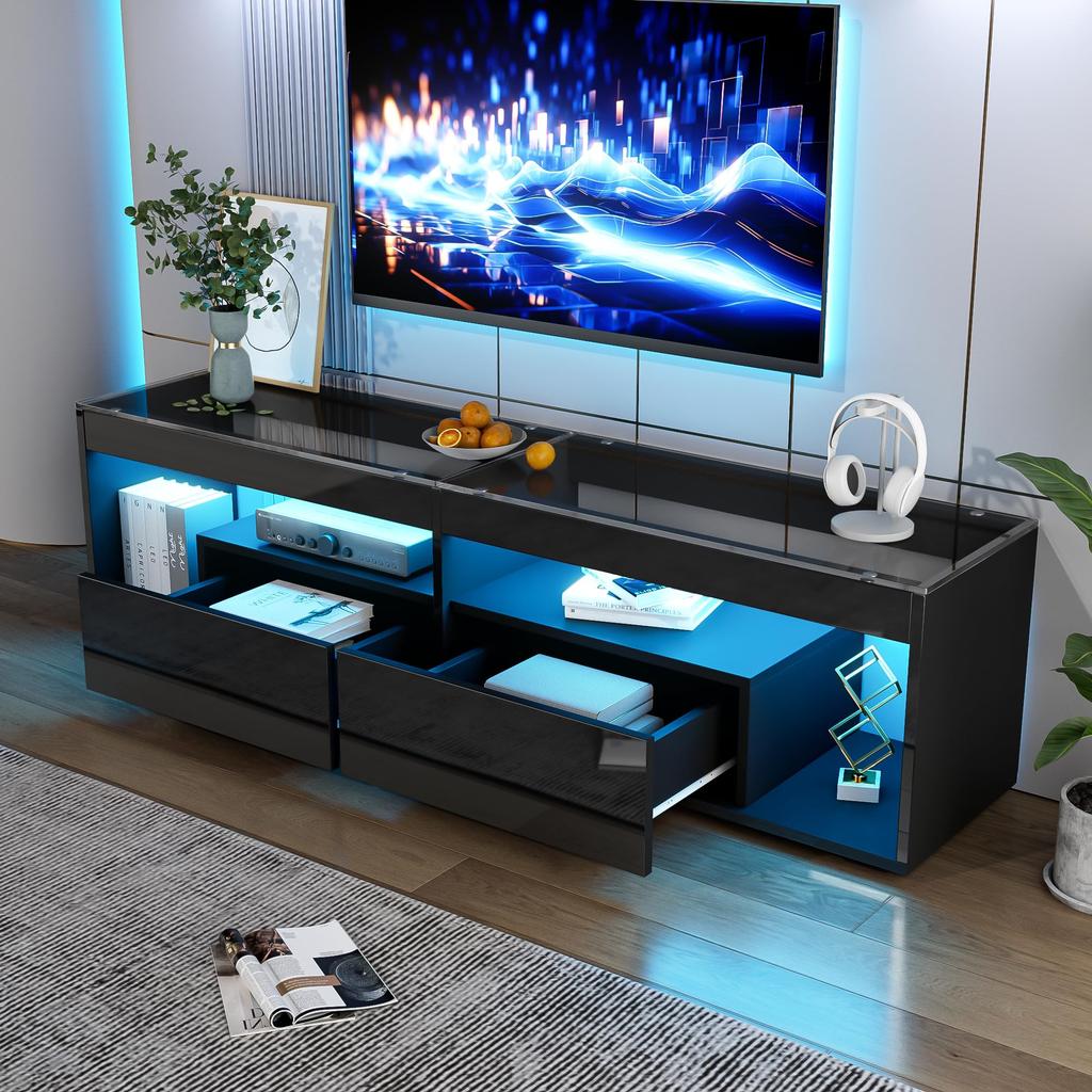 TV Schrank Stilvoll Fernsehschrank TV Lowboard Hochglanz Schwarz 70 Zoll Fernseher, TV Ständer 2 Schubladen, TV Möbel Wohnzimmer Schlafzimmer