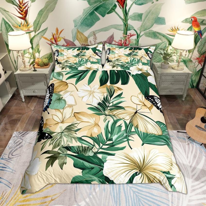 Homewish Green Palm Tree Duvet Cover Set Tropical Leaves Bedding Set Botanical Plant Quilt Cover Set