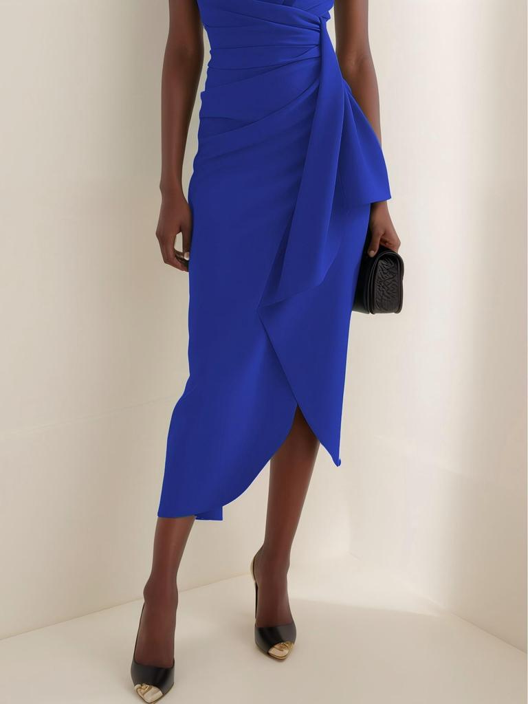 2026 Abito Formale Elegante con Collo a Mantella, Colore Unito, Manica Corta Pieghettata