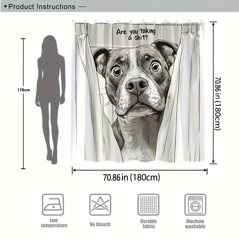 1Pc "Pit Bull Shower Peeker" Bathroom Curtain - Grayscale Pit Bull With Wide Eyes, Humorous "Are You Pooping?" Text, Durable