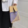Kadın El Yapımı Örgü Çanta Küçük Düğüm Bilek Çantası Japon Rahat Geniş Şerit Ekose Shopper Tote Öğrenci Yeniden Kullanılabilir Omuz Çantası