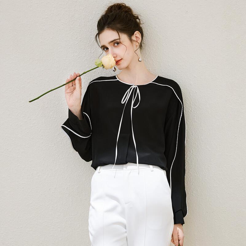 TUHUANG Women s Color Block Mulberry Silk Round Neck Shirt M