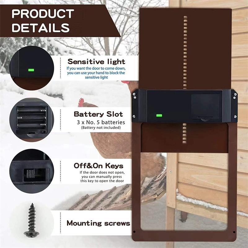 Automatic Chicken Coop Door Light Sensor Auto Open Close Timer Weatherproof Aluminum Battery Powered Easy Install Hen House Door