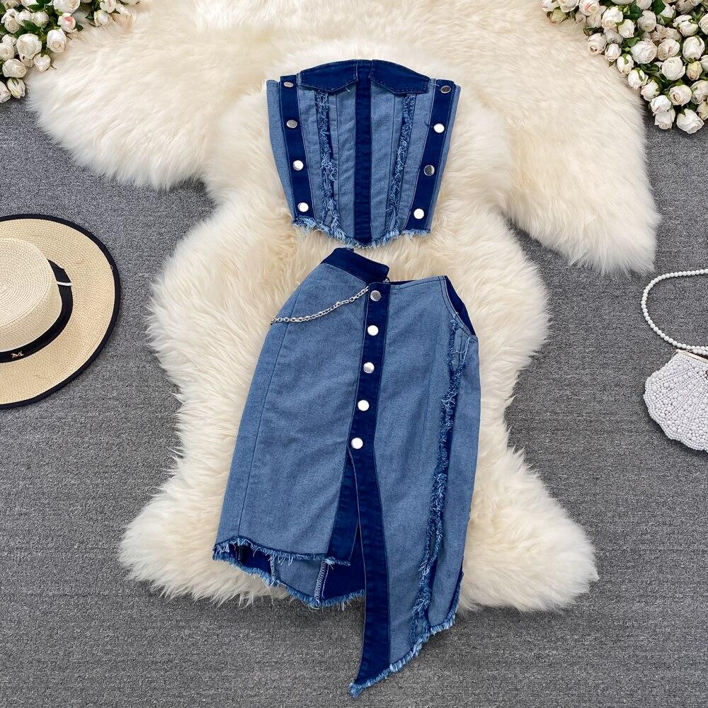 

Модный костюм, сексуальный джинсовый топ без бретелек для девочек, комплект из двух предметов, высокая талия, средней длины, нерегулярная юбка