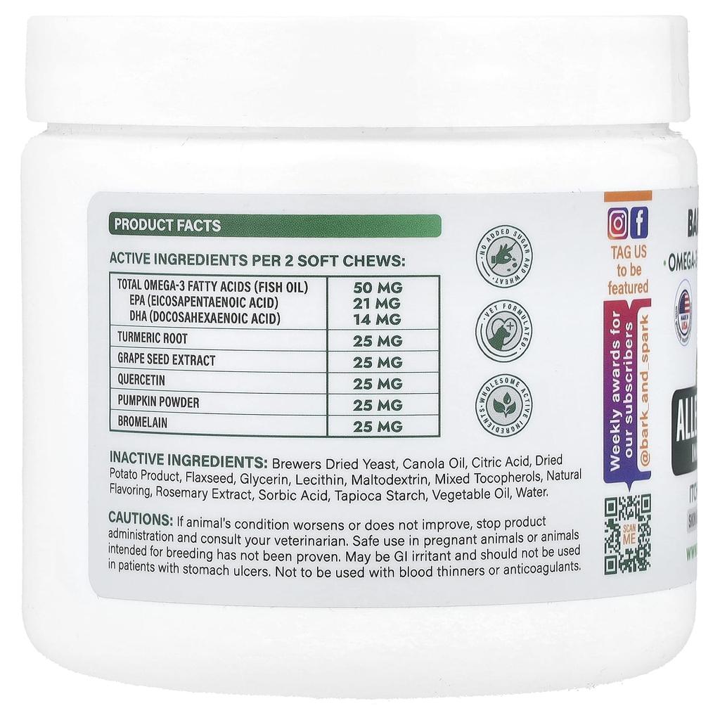 Bark&Spark, Allergy Relief Immune Chews, Itchy Skin Relief, For Dogs, Chicken, Soft Chews 120 Count, 264G(9.3Oz)