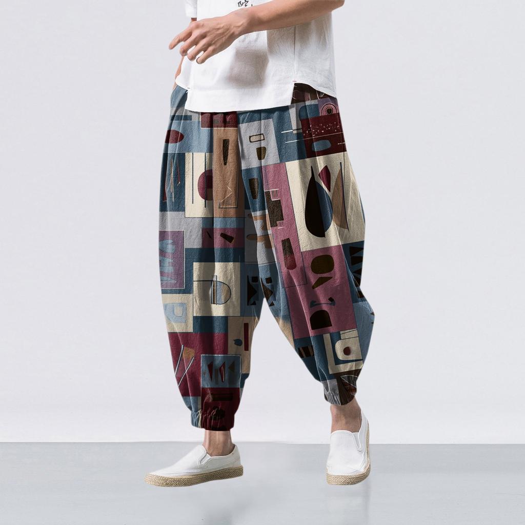 Ethnic Style Print - Casual Wide-leg Pants, Men's Loose Casual Pants