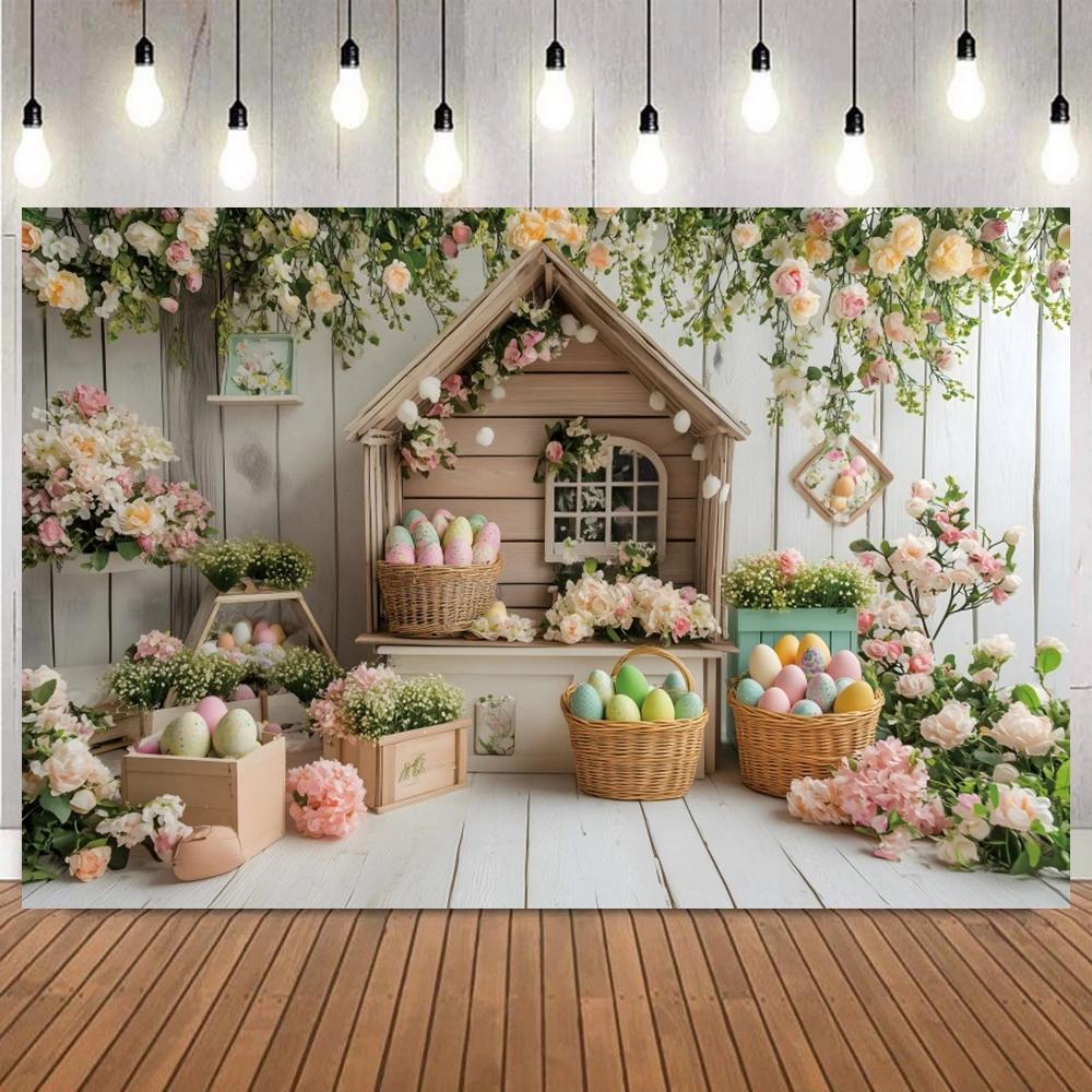 Easter Spring Wooden House Flower Egg Basket Countryside Photography Background, Children Portrait Party Photography Background10