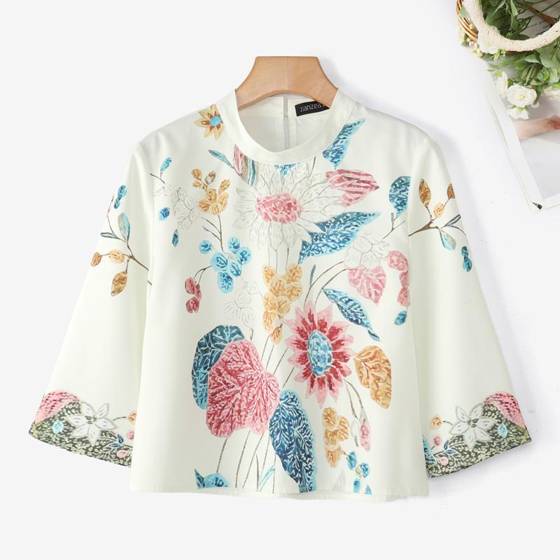 ZANZEA Women Casual Round Neck 3/4 Sleeve Loose Retro Print Blouse