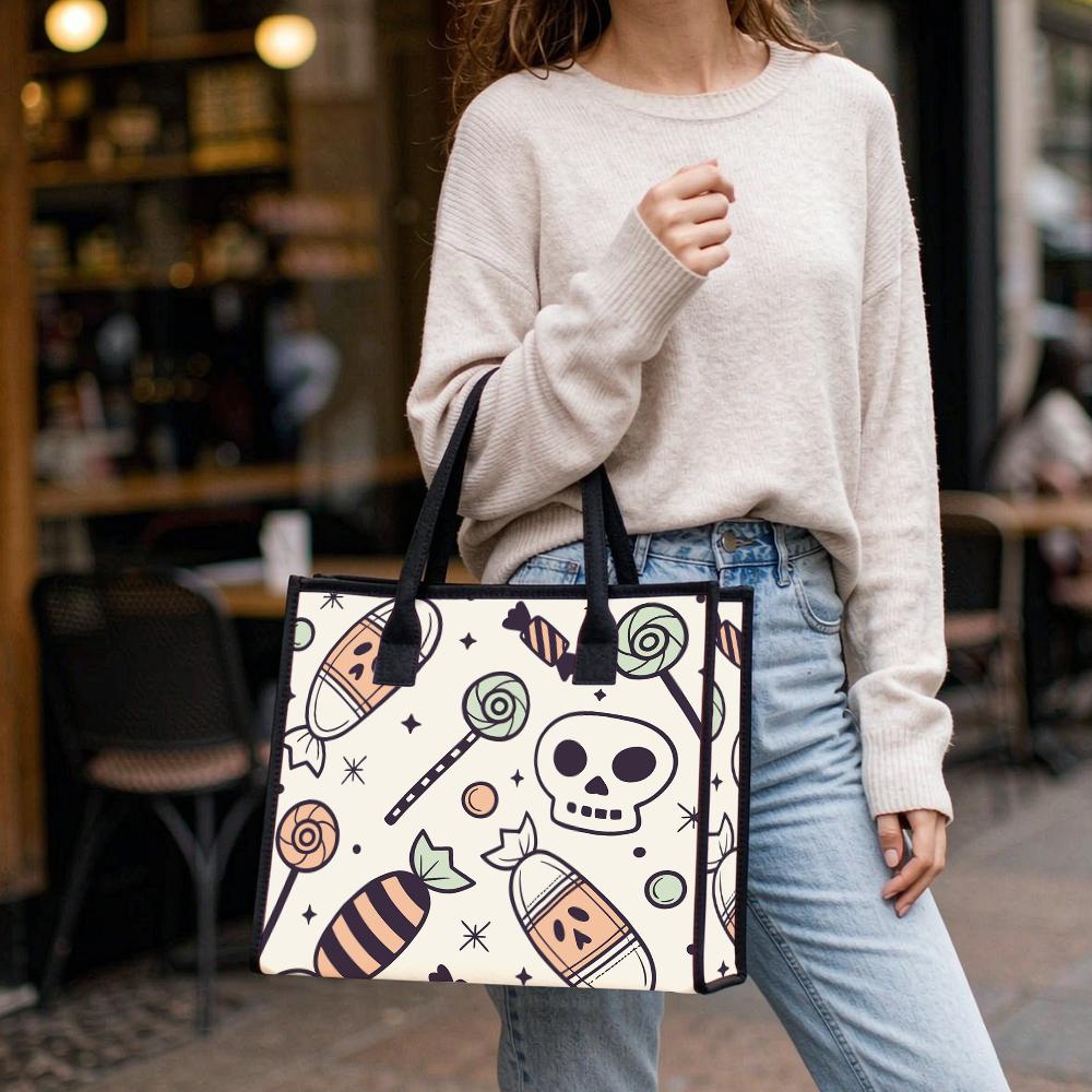 Cute Halloween Skull Candy Printed Large Capacity Daily Tote Bag for Women Casual Outdoor Shoulder Handbag