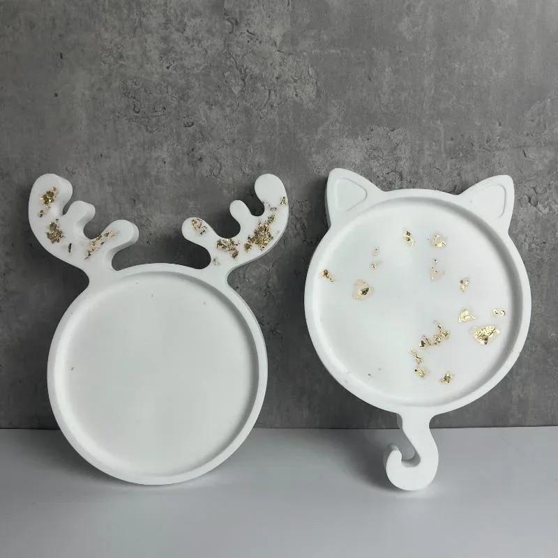 Christmas Cat Elk Antlers Shaped Tray Silicone Molds Handmade Diy Crafts Christmas Jewelry Tools Pottery Mould Home Decorative