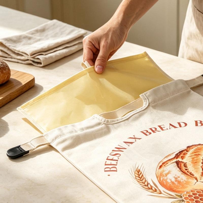 Organic Cotton Bread Storage Bag with Wax Lining, Removable Design, Flexible Closure Bands, and Carry Opening for Bread and Everyday Foods