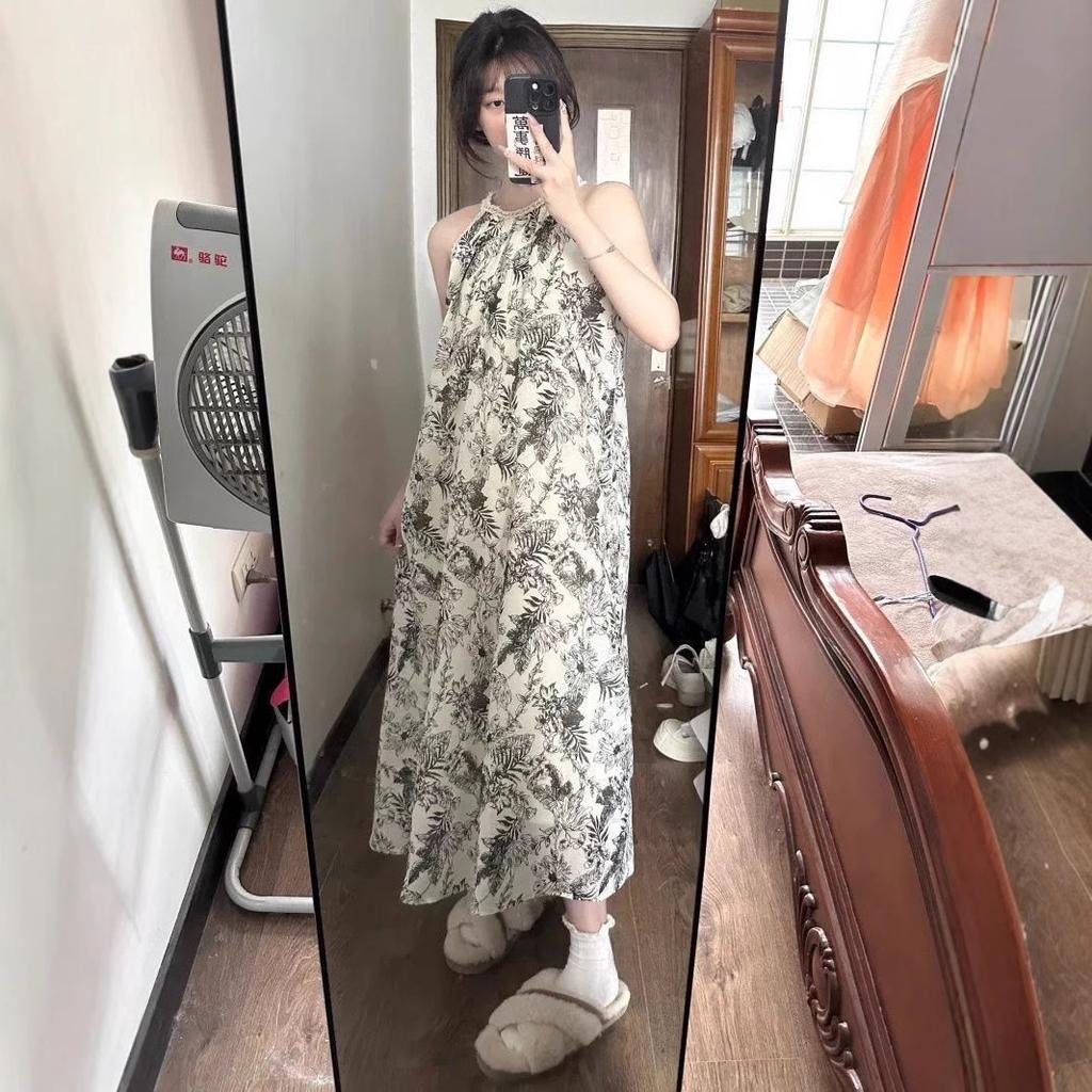 New Chinese style ink tie-dye suspender dress women's summer loose and thin holiday style long dress off-the-shoulder a-word skirt