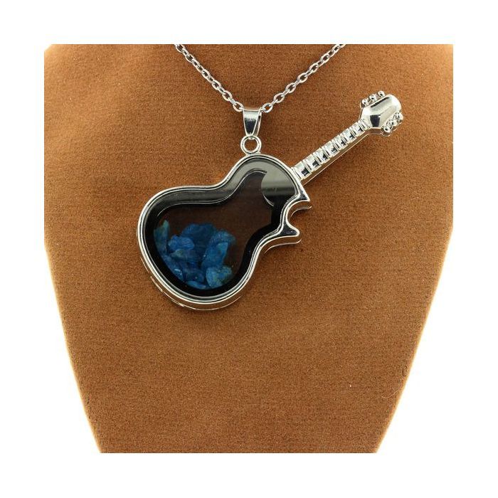 Necklace - Stones and Minerals - Neon Blue Apatite - Guitar Pendant - Stainless Steel - Unisex