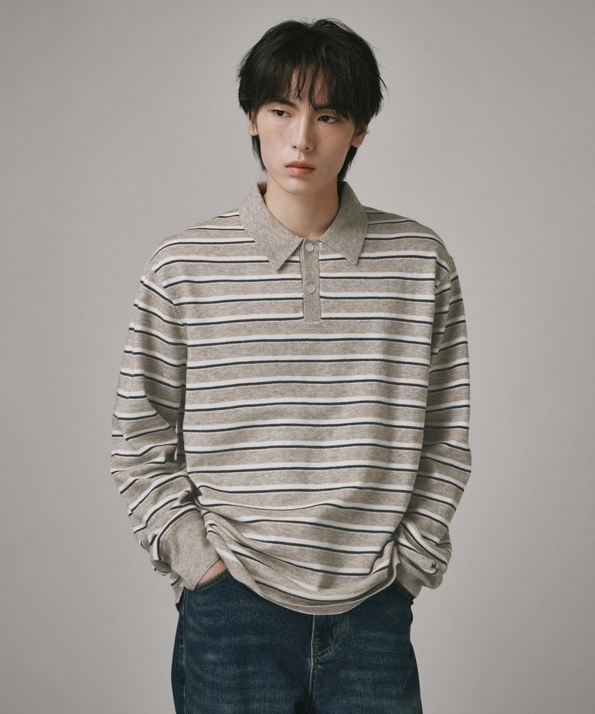 Beodeonteu Hairy Stripe Collar Knit [Light Brown]