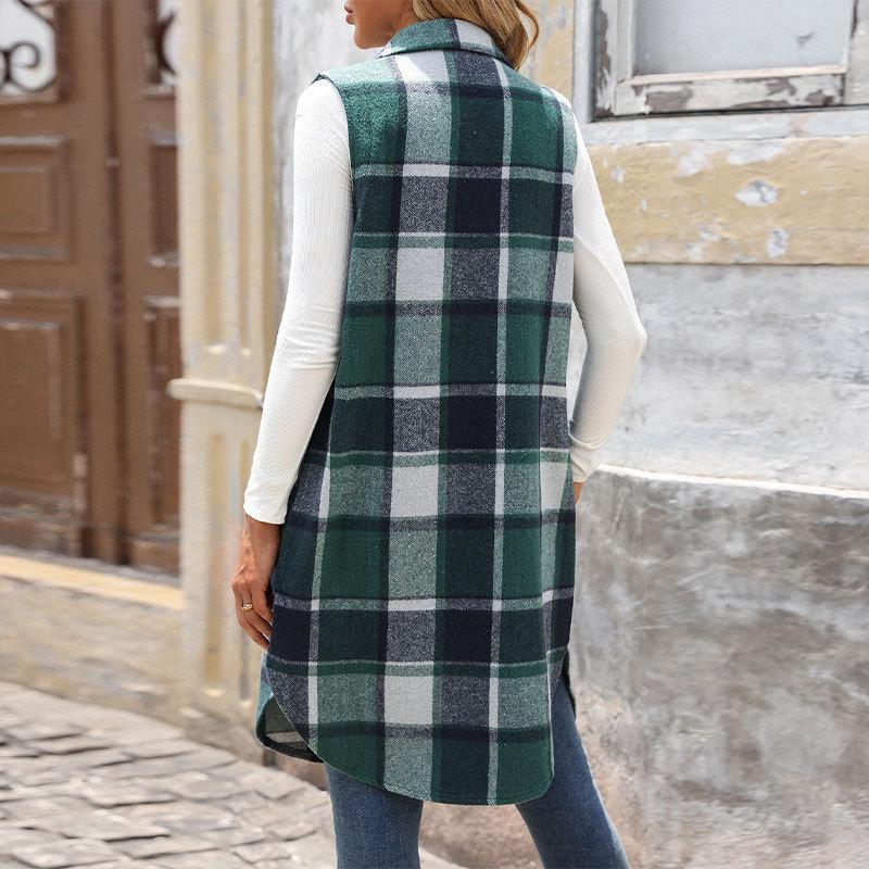Autumn and Winter New Sleeveless Lapel Plaid Vest Jacket Retro Medium and Long