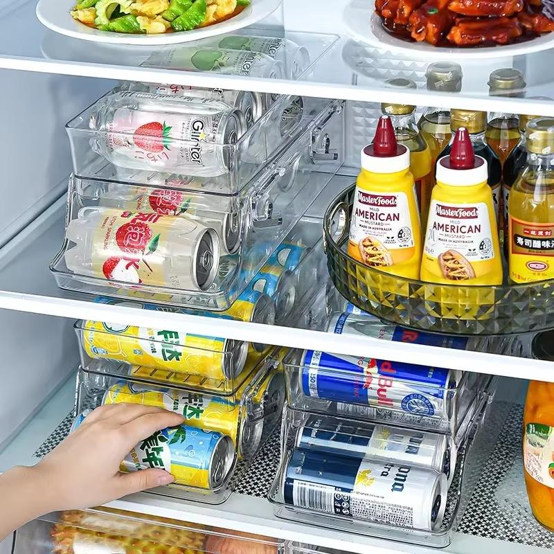 Refrigerator Beverage Holder Automatic Rolling Refrigerator Organizer Box 2-Layer Can Holder Dispenser Clear Stackable Can