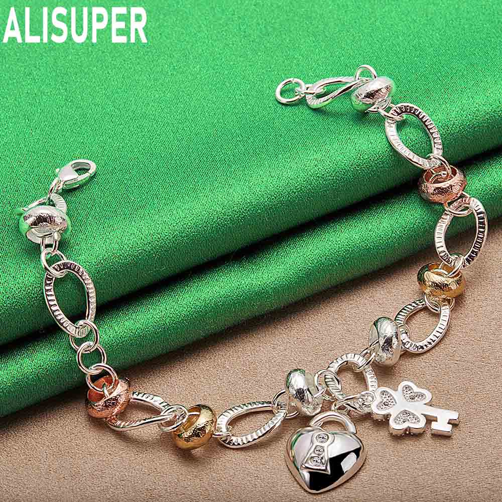925 Sterling Silver Multi-Element Romantic Heart Side Chain Charming Bracelet Gift Jewelry