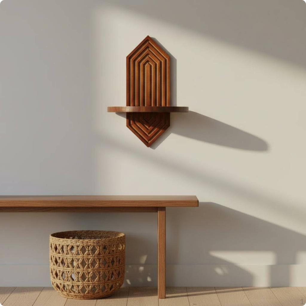 Walnut Wood Wall Decor Shelf Geometric Design Planter SpaceSaving for Living Room,