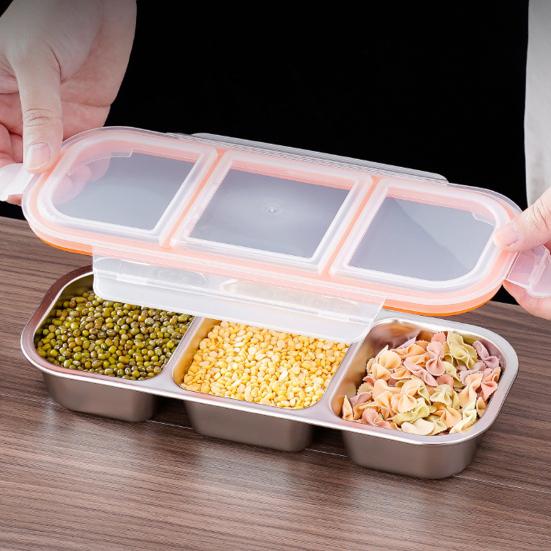 2Pcs Stainless Steel Snack Containers Leak-proof Sauce Box 700ml Divided Snack Food Containers 2/3 Compartment Condiment Box with Lids for Kids Adults