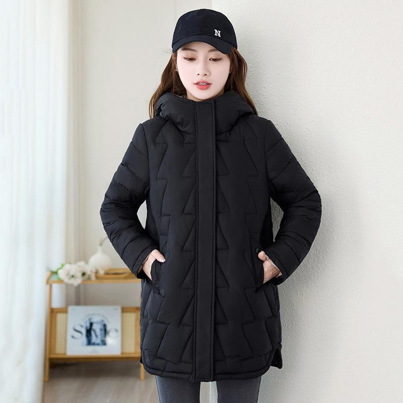 

Пуховик женский средней длины новый корейский фасон свободный и утолщенный с капюшоном тонкий хлопковый жакет универсальный хлопковый- XXL чёрный