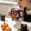 Taza de Cerámica de Halloween - Forma de Caldero Morado con Calabaza y Diseño, Vajilla para Fiestas Festivas, 12 oz