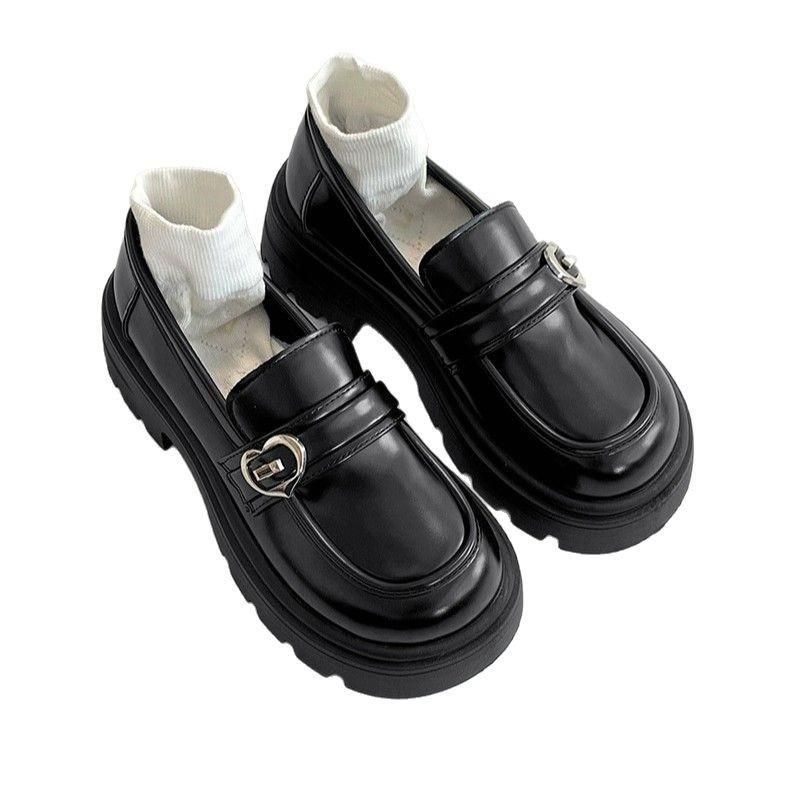 Black French retro thick heel platform small leather shoes women's 2025 new autumn and winter British style one-pedal loafers