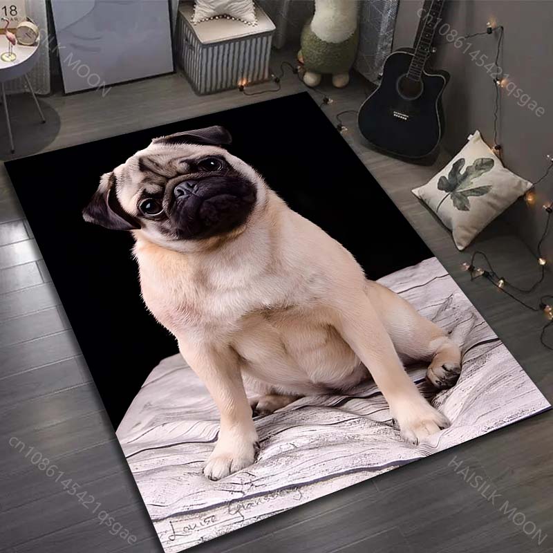 17 Stile Niedlicher Mops-Druck Teppich für Wohnzimmer Schlafzimmer Sofa Fußmatte Heimdekor Bereichsteppich Rutschfeste Bodenmatte Große Größe