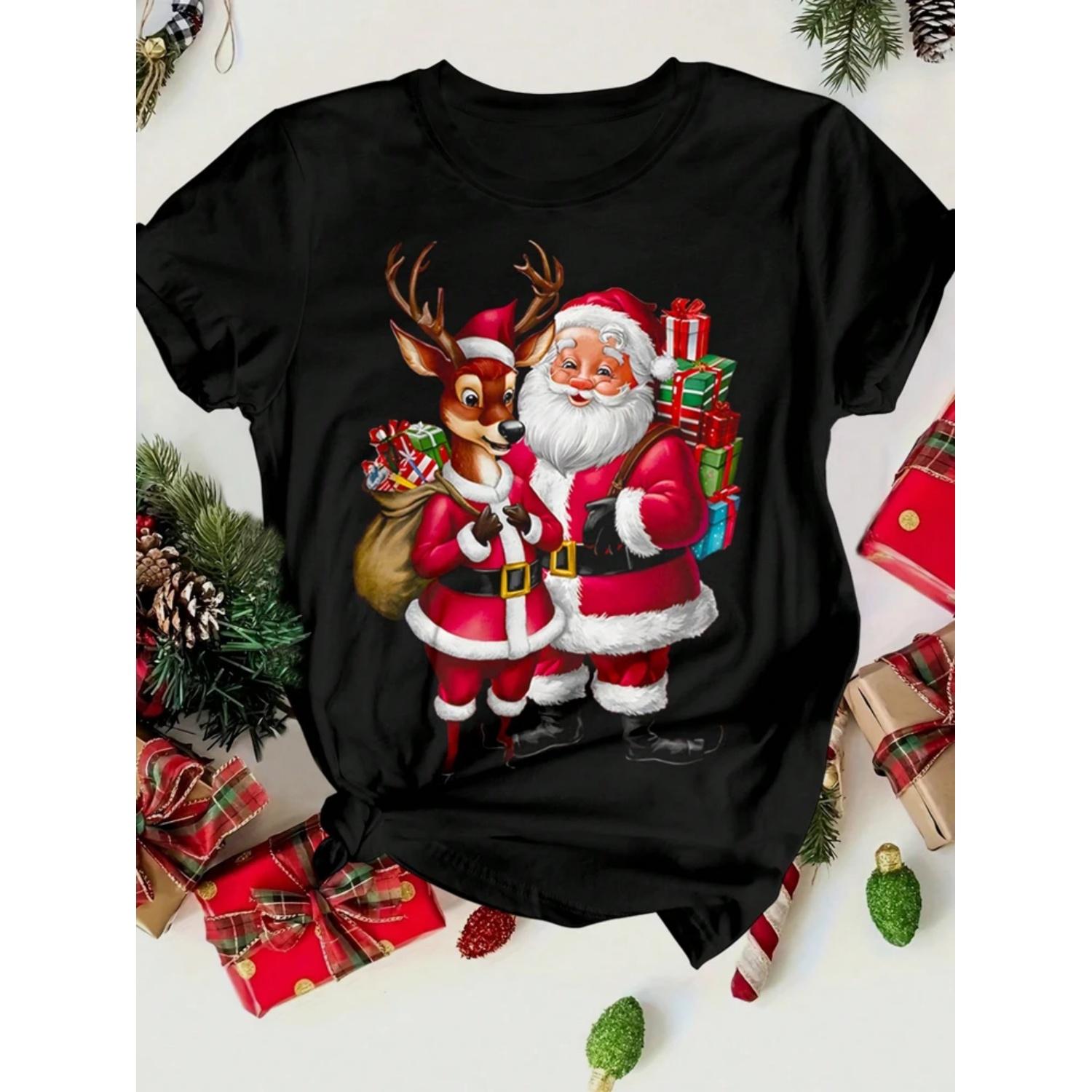 Merry Christmas Santa Claus Deer Print Women T-Shirt Fashion Short Sleeve T Shirt Streetwear Harajuku Female Tees Tops S чёрный