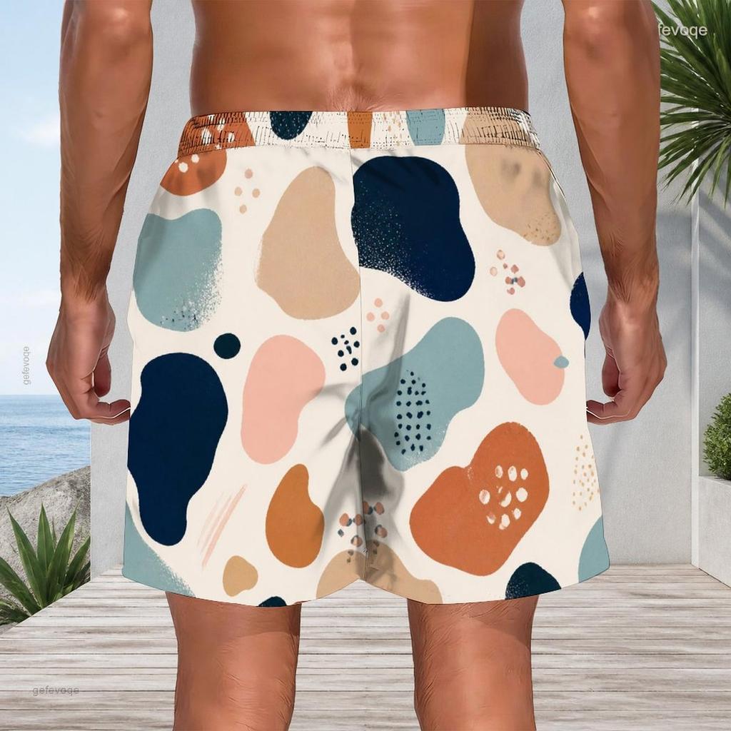 Men Plus Size Colorful Printed Beach Shorts Drawstring Waist Side Pockets Straight Leg