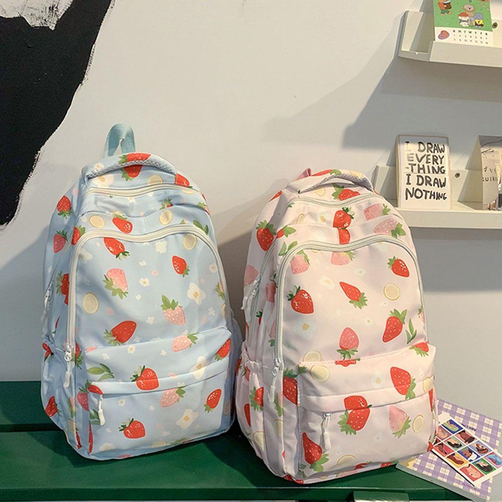 4Pcs/Set Cute Strawberry Print Backpack Large Capacity Nylon School Bag Shoulder Bag Studeng